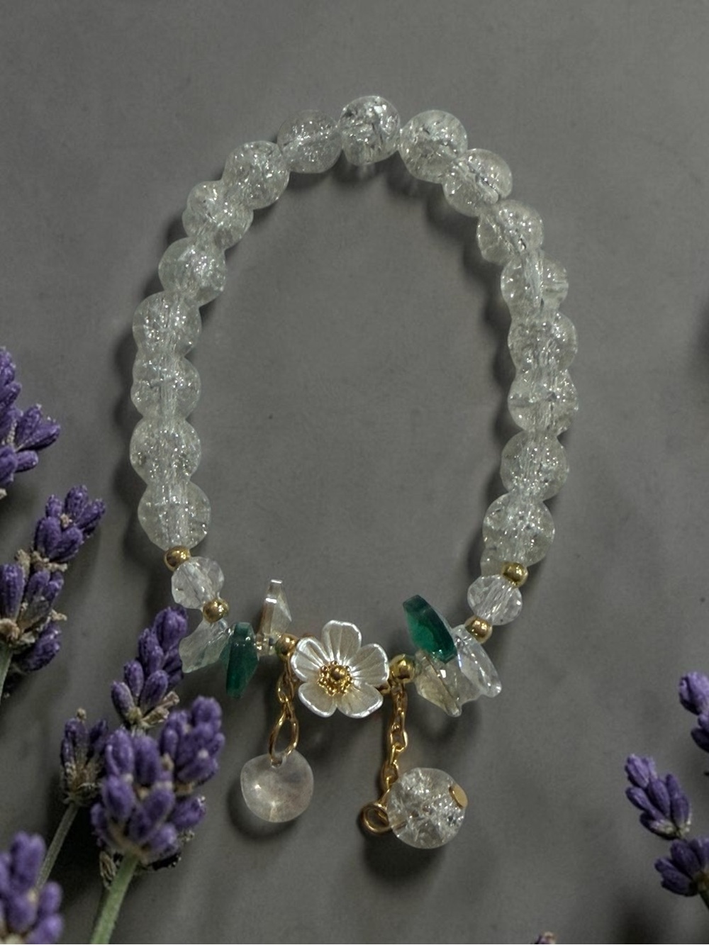 Clear Crystal Bead Flower Charm Bracelet